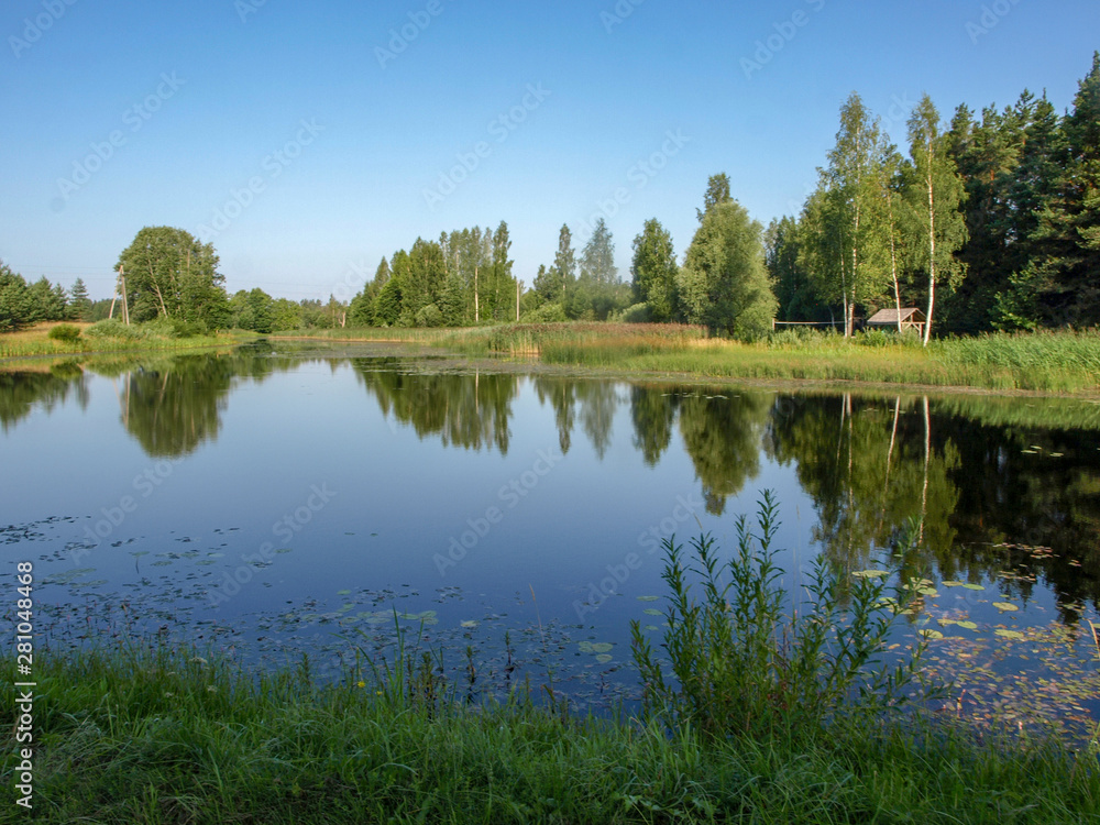 beautiful lake view, beautiful reflections, sunny summer day