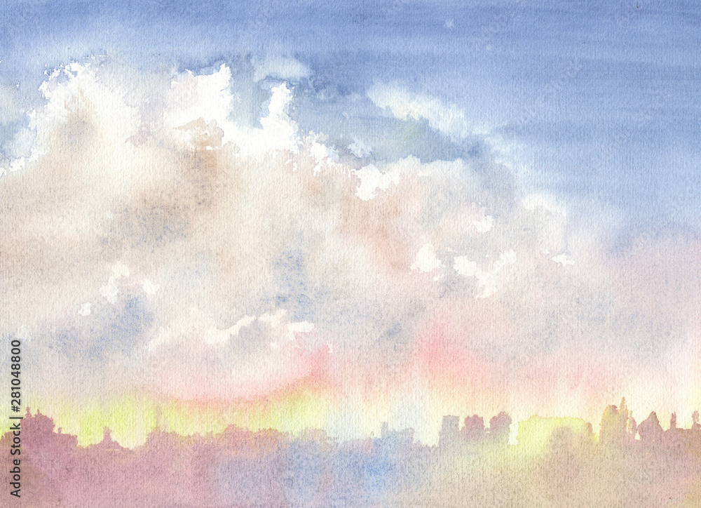 The sky with clouds over the city. Morning. Abstract blue watercolor background divorce. Watercolor illustration The sky with clouds over the city. Morning. Abstract blue watercolor background divorce. Watercolor illustration