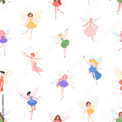 Seamless pattern with cute fairies on white background