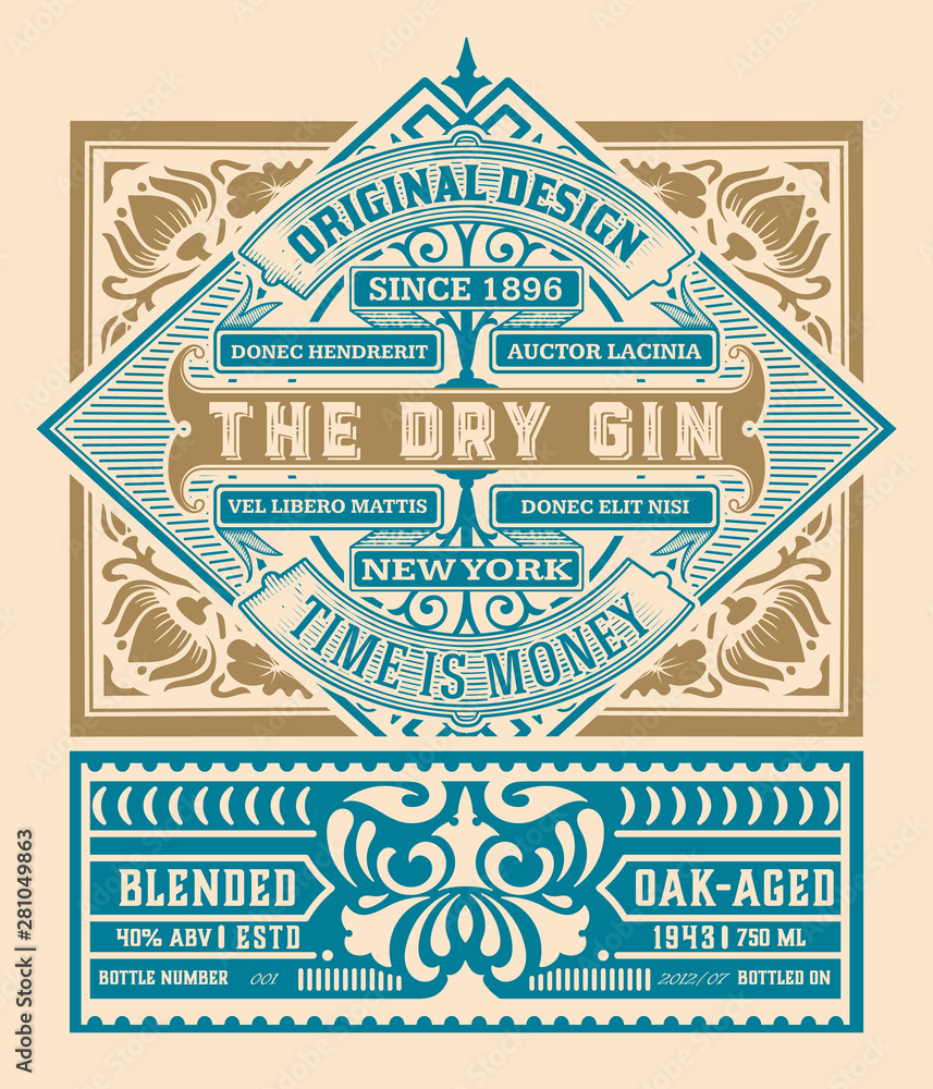 Vintage Gin label for packing,  Gold and white