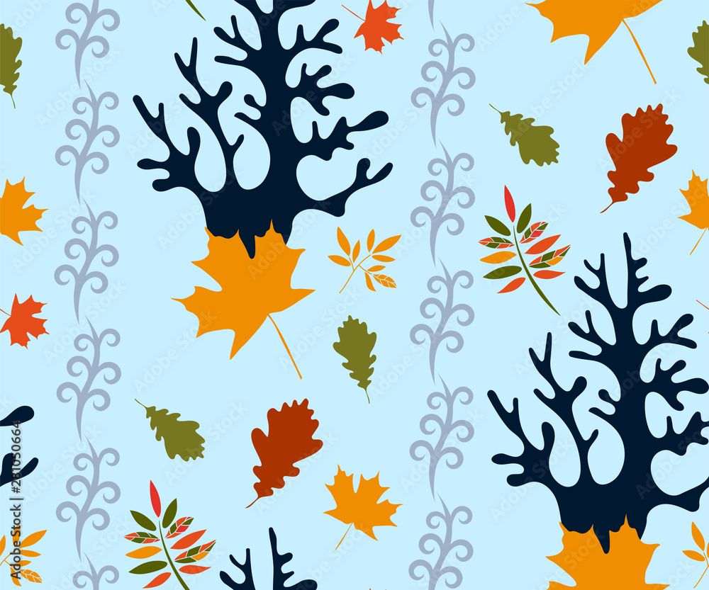 Vector autumn leaves and rowan seamless pattern. Floral stock vector illustration