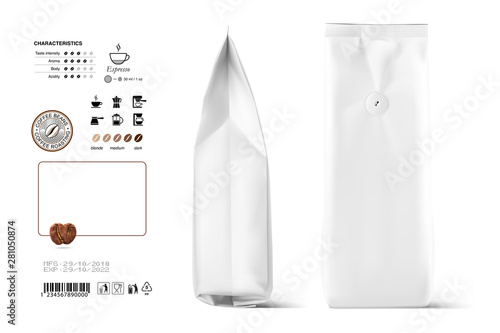 Realistic vertical bag mockup with coffee infographic icons. Set of sign for detailed guideline. Vector elements on a white background. Ready for your design. EPS10.	