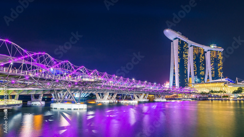 Panorama View of Helix Bridge and Marina Bay Sand Hotel at night time landmark in Singapore.