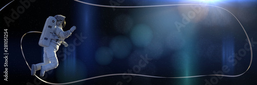 astronaut with safety tether performing a spacewalk in empty space