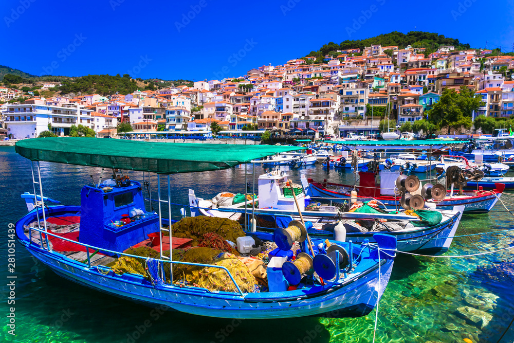 Traditional colorful Greece  - Plomari town. Fishing boats, Lesvos island