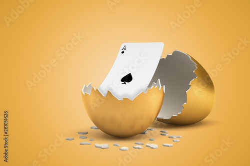 Canvas Print 3d rendering of playing ace of spades card hatching out of golden egg on yellow
