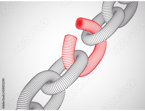 Broken chain link. The concept of data protection technology: a weak link in the system of digital data transfer. Hacker attack on the network. Digital background. EPS 10, vector illustration.