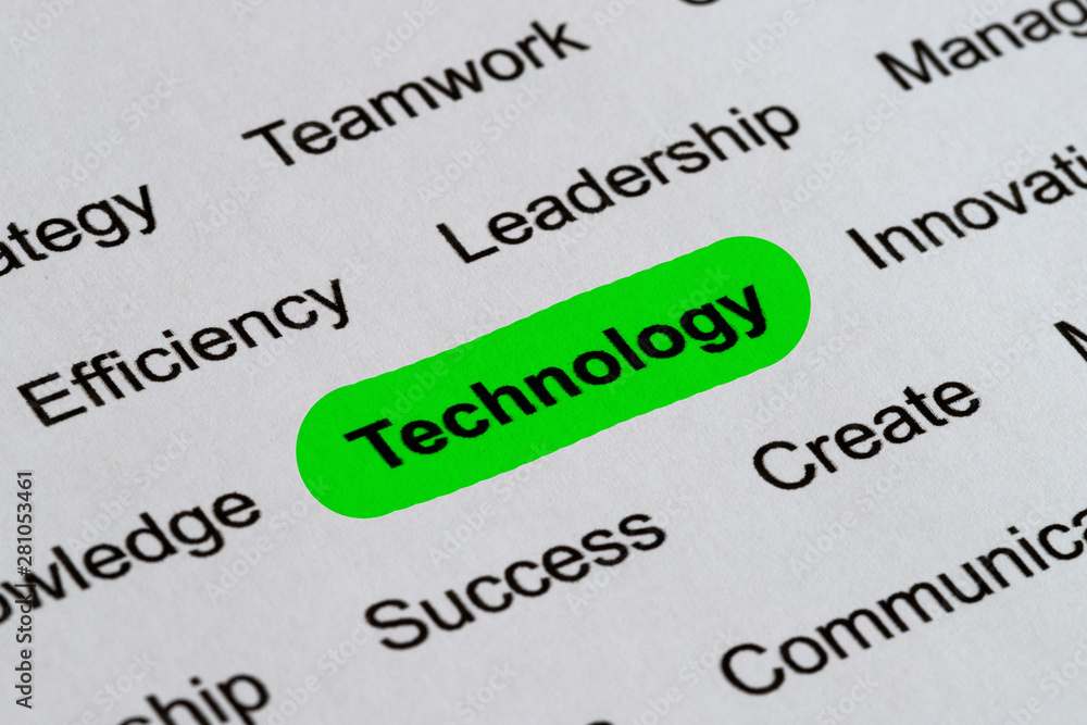 Obraz premium Technology Business Buzzwords, printed on white paper and highlighted