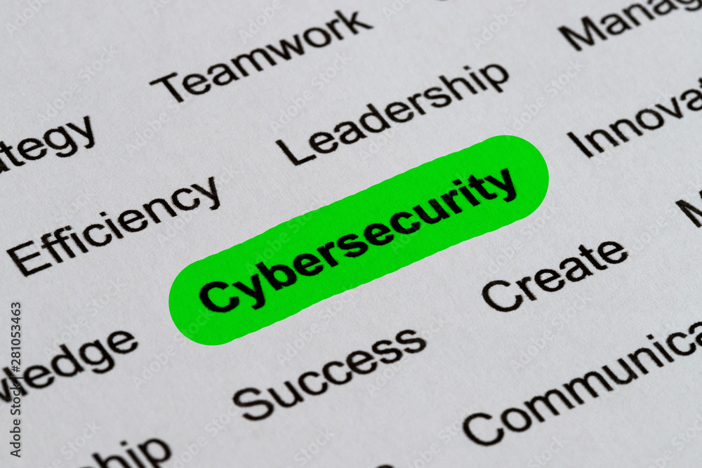 Cybersecurity - Technology Business Buzzwords, printed on white paper and highlighted Cybersecurity - Technology Business Buzzwords, printed on white paper and highlighted