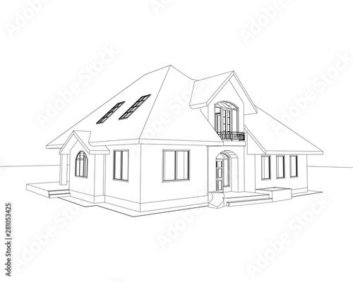 3D suburban house. Drawing of the modern building. Cottage model isolated on white background. Vector blueprint.