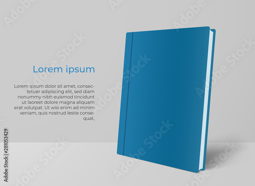 Realistic Blue Book Mock Up Template on White and Grey Background. Blank Cover Of Magazine. Vector Illustration.