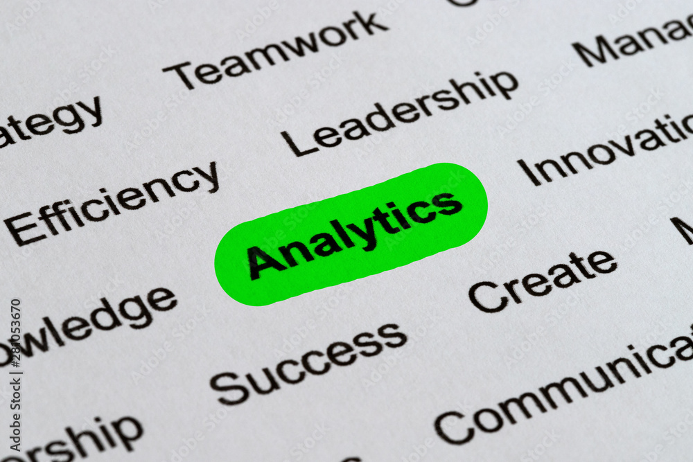 Fototapeta premium Analytics - Technology Business Buzzwords, printed on white paper and highlighted
