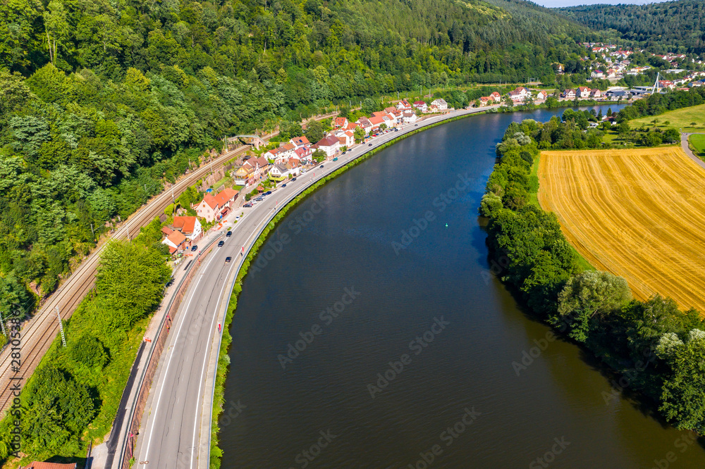 Aerial view, fields with cereal at Zingenberg on the river Neckar, Odenwald, Baden-Wurttemberg, Germany