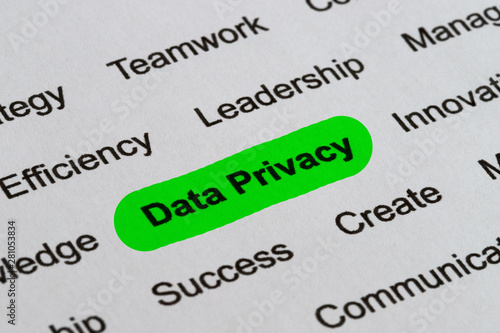 Data Privacy - Technology Business Buzzwords, printed on white paper and highlighted