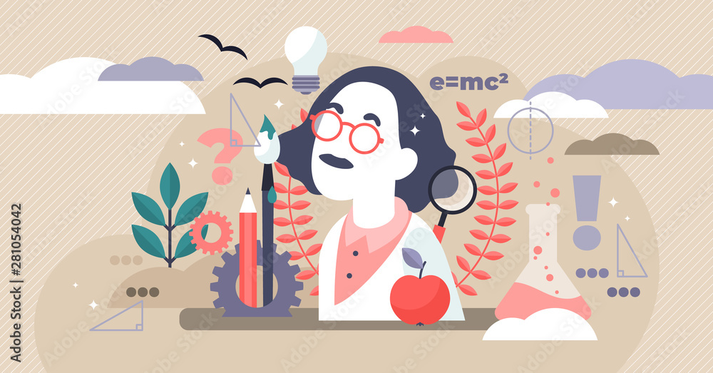 Smart Science Genius Genius vector illustration. Flat tiny smart scientific persons mind ...