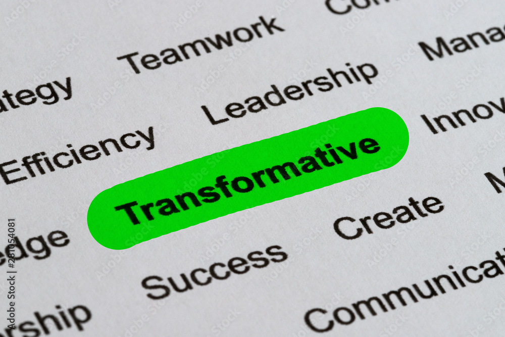 Transformative - Technology Business Buzzwords, printed on white paper and highlighted Transformative - Technology Business Buzzwords, printed on white paper and highlighted