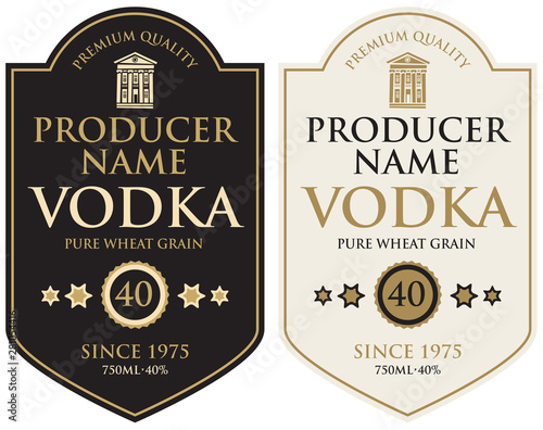 Set of two vector labels for vodka in the figured frame with old building and inscriptions in retro style. Premium quality, pure wheat grain