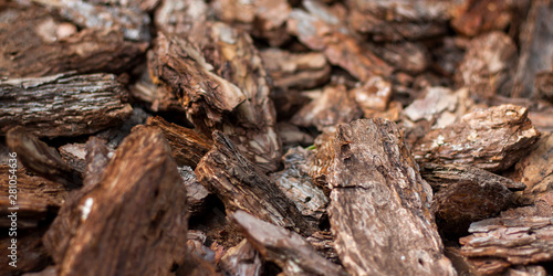 Pine brown mulch closeup. Pine brown bark for decorating flower beds close-up. Soft focus.