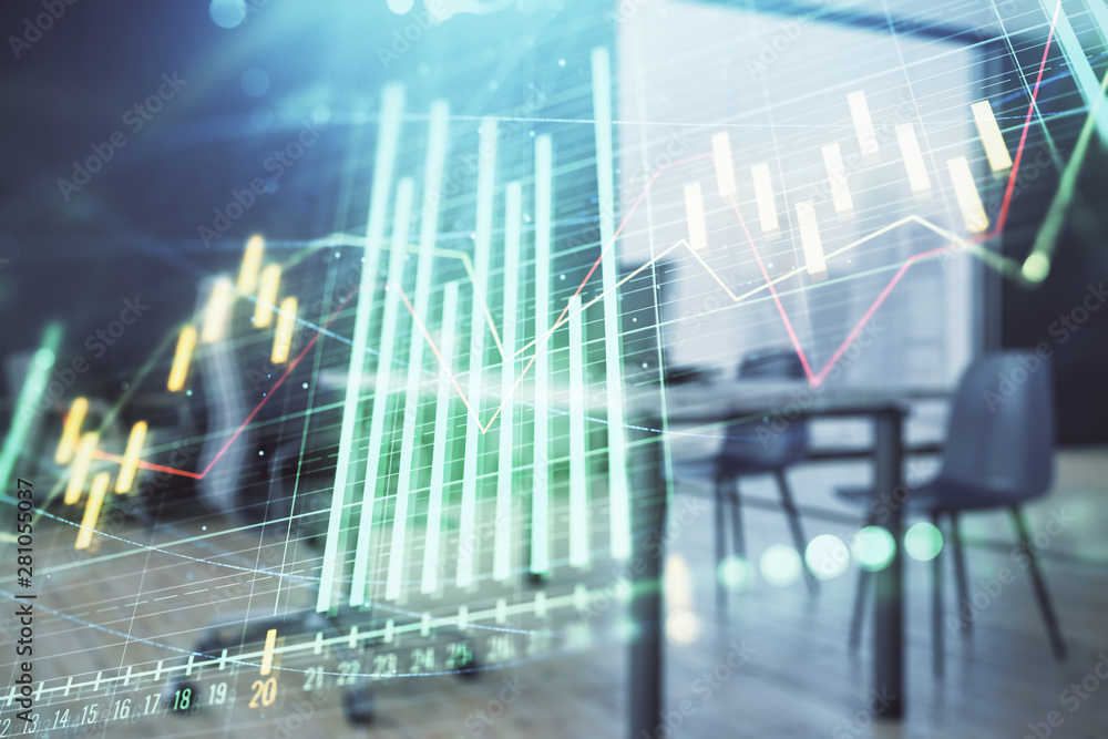 Business theme graph hologram with minimalistic cabinet interior background. Double exposure. Stock market concept. Business theme graph hologram with minimalistic cabinet interior background. Double exposure. Stock market concept.