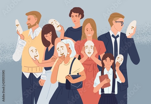 Group of people covering their faces with masks expressing positive emotions. Concept of hiding personality or individuality, psychological problem. Flat cartoon colorful vector illustration. photo