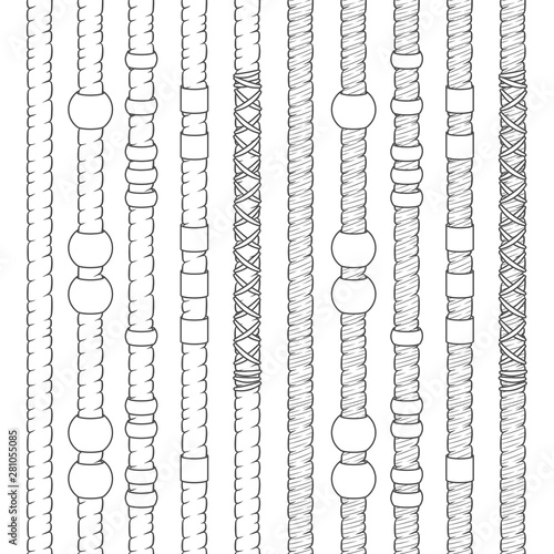 Set of black and white seamless patterns with dreadlocks. Isolated vector objects on white background.