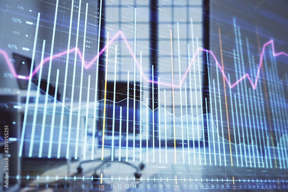 Forex chart hologram with minimalistic cabinet interior background. Double exposure. Stock market concept. Forex chart hologram with minimalistic cabinet interior background. Double exposure. Stock market concept.