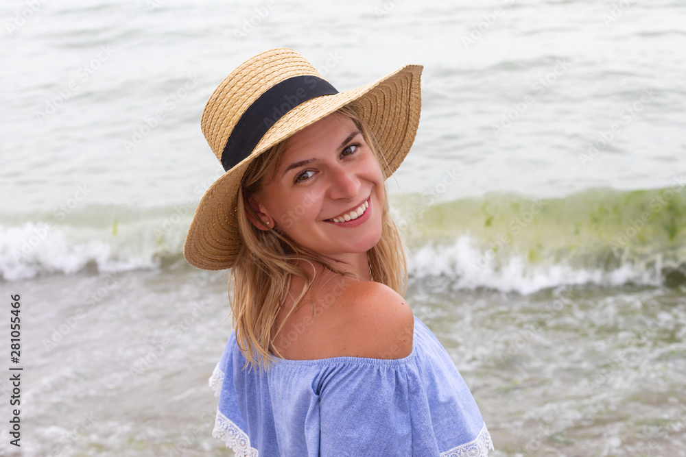 Woman in blue sundress