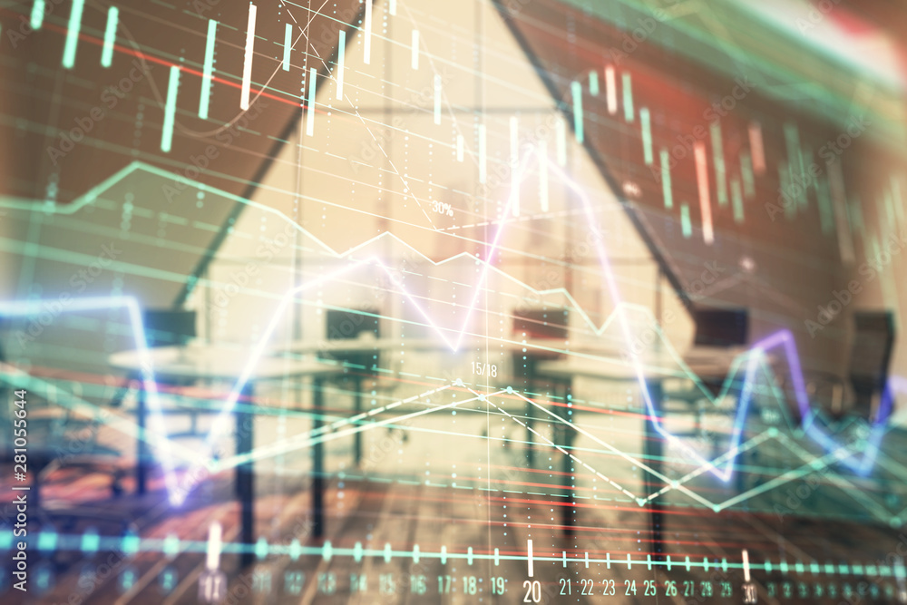 Double exposure of forex chart on conference room background. Concept of stock market analysis