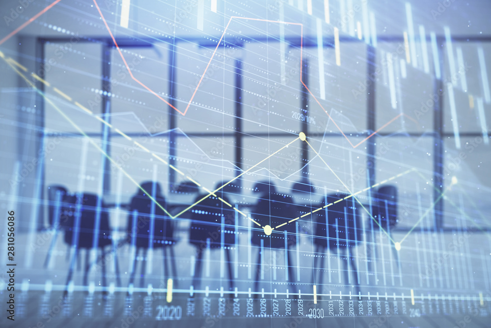 Multi exposure of stock market graph on conference room background. Concept of financial analysis Multi exposure of stock market graph on conference room background. Concept of financial analysis