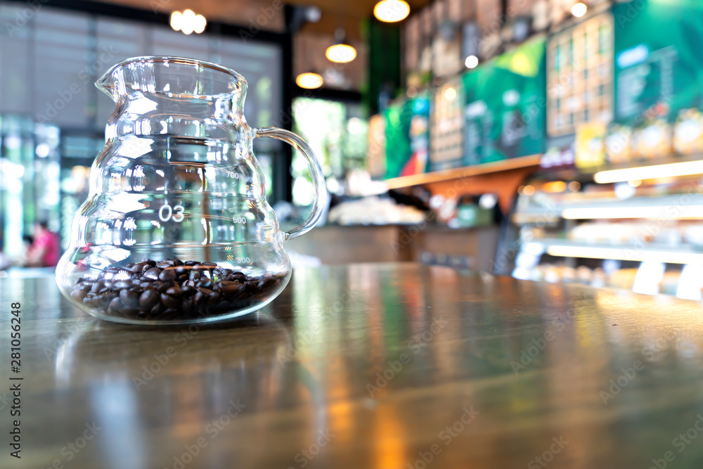 Coffee beans with glass for decorate at coffee shop