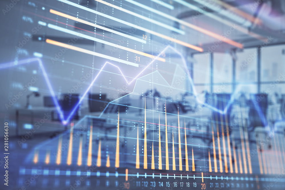 Stock and bond market graph with trading desk bank office interior on background. Multi exposure. Concept of financial analysis Stock and bond market graph with trading desk bank office interior on background. Multi exposure. Concept of financial analysis
