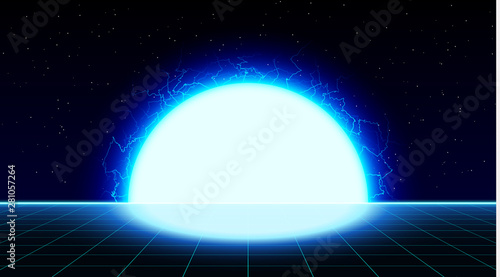 Retrowave synthwave vaporwave bright blue laser grid landscape with big electric sun in space. Retrofuturistic sunset with lightning.