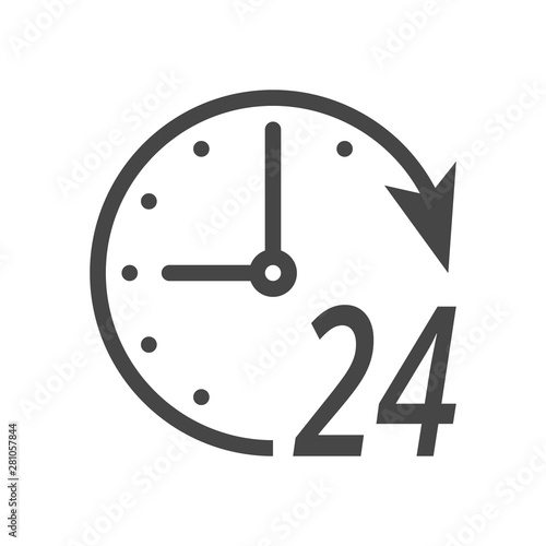Service and support for customers around the clock and 24 hours a day and 7 days a week icon or symbol isolated on white background.