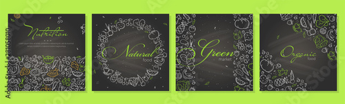 Set of hand drawn nutrition banners with icons on blackboard. Food banner template