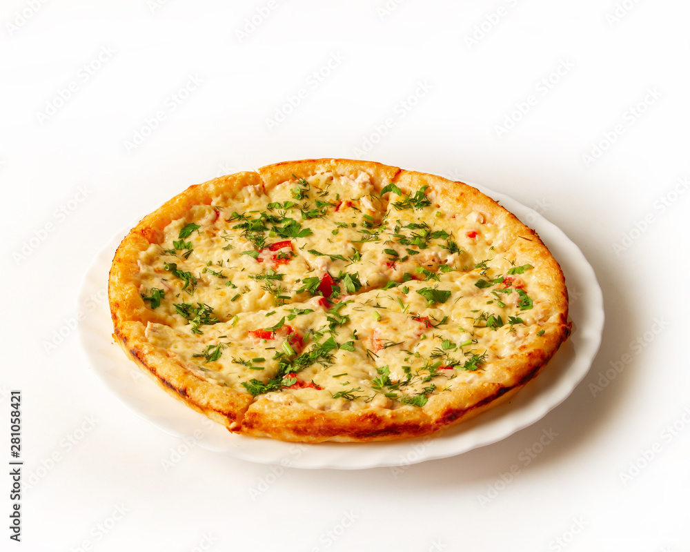 Pizza with chicken, cheese, tomatoes, sprinkled with chopped greens