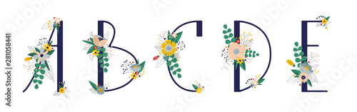Сollection with 5 letter of floral alphabet - a, b, c, d, e. Spring and summer alphabet decorated with bouquets of flowers. Hand drawn isolated vector illustration