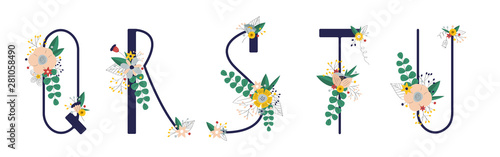 Сollection with 5 letter of floral alphabet - q, r, s, t, u. Spring and summer alphabet decorated with bouquets of flowers. Hand drawn isolated vector illustration