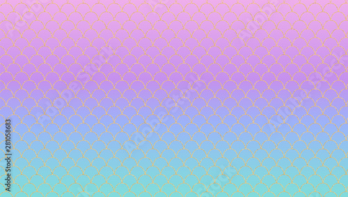 Lilac turquoise magic gradient vector background. Kawaii nacre  unicorn backdrop with golden pattern. Iridescent tail of princess mermaid. Squama texture. Scales of fish tile. Modern girly wallpaper 