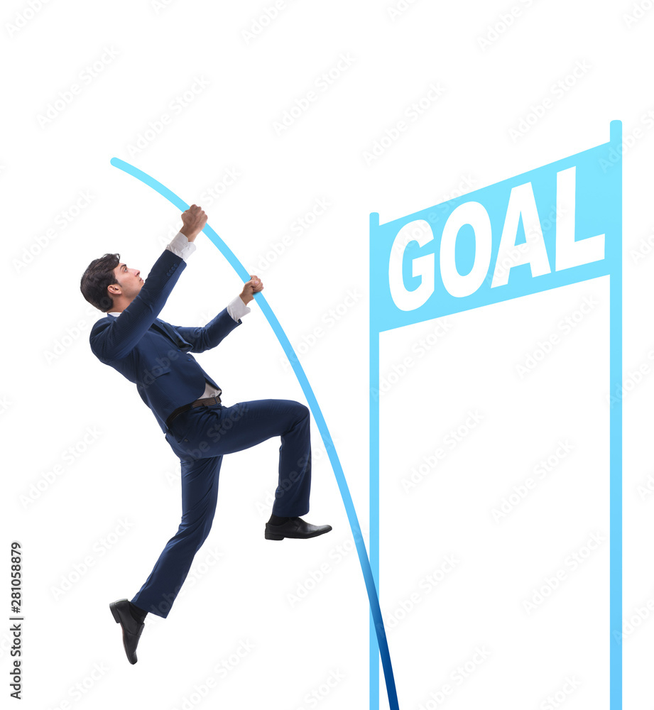 Businessman pole vaulting towards his goal in business concept Businessman pole vaulting towards his goal in business concept