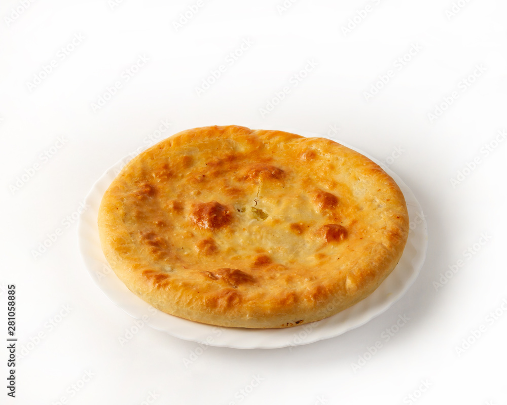 Daghestan's Pie Darginsky Pie Chudu with Meat and Potatoes on White Background Side View Daghestan's Pie Darginsky Pie Chudu with Meat and Potatoes on White Background Side View