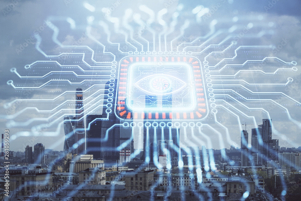Double exposure of abstract technology drawing on cityscape background. Concept of tech innovation Double exposure of abstract technology drawing on cityscape background. Concept of tech innovation