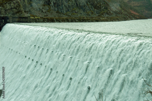 Elan valley dams in full flow during the winter.