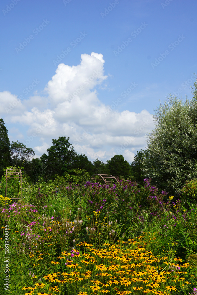 Vertical image of a late-summer perennial garden with colorful flowers, shrubs, and trees against a blue sky with white clouds, with room for copy