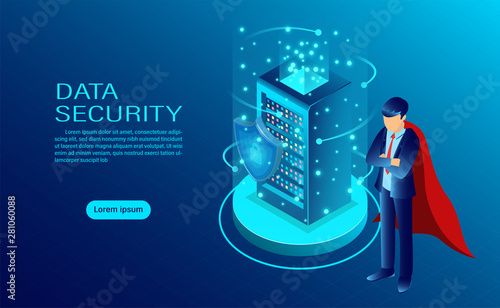 Data security concept banner with hero protect data and confidentiality and data privacy protection concept with icon of a shield and lock. flat isometric vector illustration