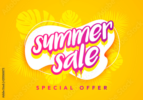 Vector Illustration Colorful Abstract Summer Sale Banner Template With Silhouettes Of Tropical Leaves.