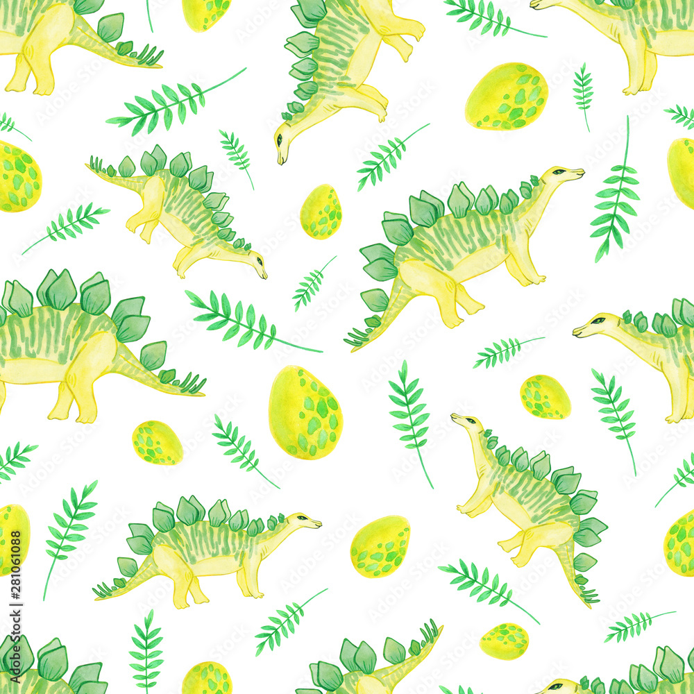Naklejka premium pattern with watercolor dinosaurs. Green eggs reptiles and twigs