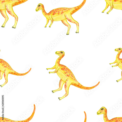 watercolor cute pattern with orange dinosaur