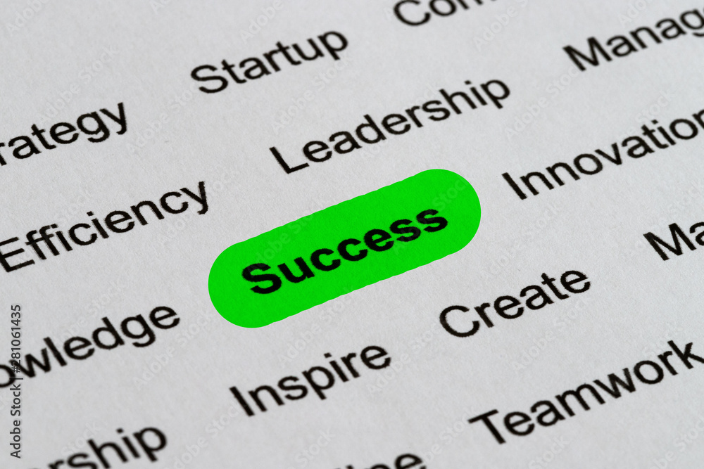 Success - Business Buzzwords, printed on white paper and highlighted Success - Business Buzzwords, printed on white paper and highlighted