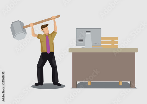Frustrated Employee Destroys Office Cartoon Drawing Vector Illustration