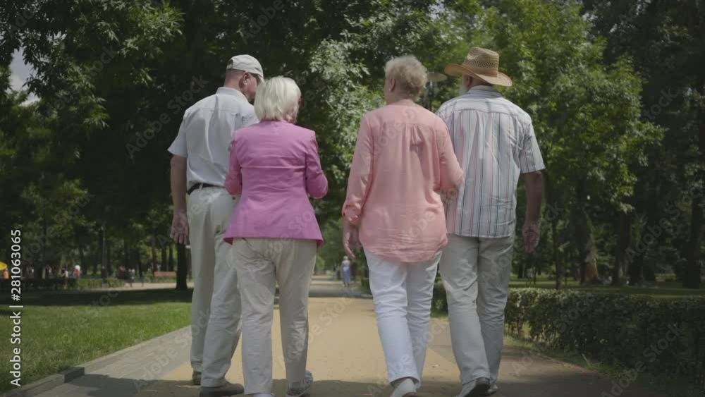 Two adorable mature couples walking and talking in the park. Double date of senior couples. Friendly company resting outdoors. Old men and women met together. Healthy cheerful senior retired people.